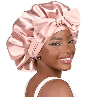 YANIBEST Silk Bonnet for Sleeping Women Adjustable Double Layer Satin Bonnet Reduce Friction Prevent Frizz Natural Curly Hair, Blush Pink - Image 1
