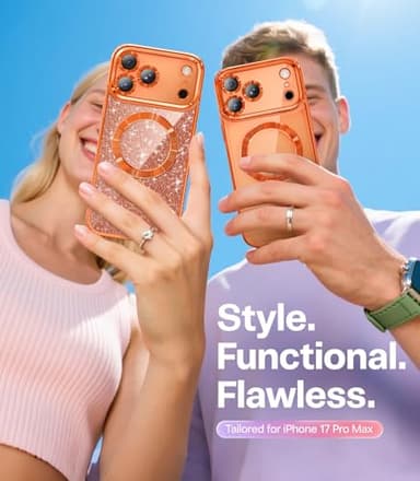Meifigno Designed for iPhone 17 Pro Max Case 6.9", [Glitter Card & Wrist Strap] [Compatible with MagSafe] [2X HD Screen Protectors] Surround Raised Lens Protection for 17 ProMax Case, Cosmic Orange - Image 8