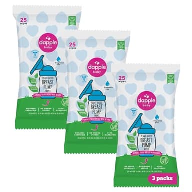 Dapple Baby Breast Pump Wipes, Powered by Plants, Hypoallergenic, Removes Milk Residue, No Rinse, Fragrance Free, 25 Count (Pack of 3) - Image 1