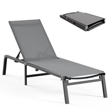 Aluminum Chaise Lounge Ourdoor - Foldable & Assemble Free Outdoor Lounge Chair with 5 Adjustable Backrest, Patio Lounge Chair for Outside Poolside Beach Pool, Grey - Image 1