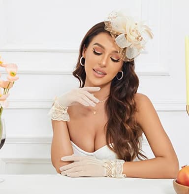 Fascinators Hats Clip Hat Wedding Cocktail Fascinators Tea Party Headwear and Short Lace Bowknot Gloves for Women (102 Beige Brown) - Image 2