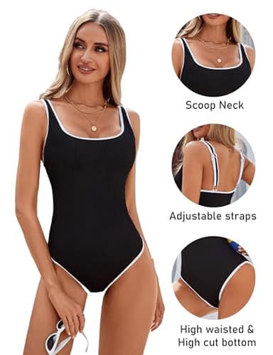 BMJL Women's One Piece Swimsuit Sports Adjustable Strap Bathing Suit Color Block Ribbed High Cut Swimsuits(M,Black) - Image 3