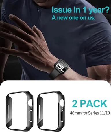 Smiling 2 Pack Case Compatible with Apple Watch Series 11 (2025)/Series 10 46mm with Tempered Glass Screen Protector, Hard PC Case Overall Protective Cover, 9H+ Hardness Scratch-Resistant - Black - Image 6