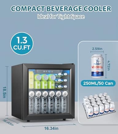 Electactic 50 Cans Beverage Refrigerator Cooler, 1.3 Cu.ft Mini Fridge Countertop Drink Cooler with Glass Door for Beer, Soda,Wine, Adjustable Digital Temperature Control for Home Dorm Bar, Black - Image 3