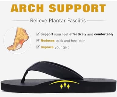 KuaiLu Men's Leather Flip Flops Arch Support Summer Beach Pool Water Thong Sandals Waterproof Rubber Walking Shoes Slip on Orthotic Casual Sport Cushioned Wide Slides Shower Slippers black Size 9 - Image 4