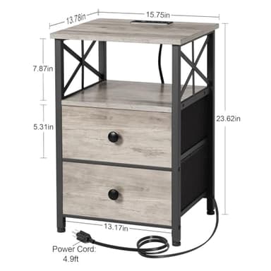AMHANCIBLE Night Stand Set 2, Nightstand with Charging Station, End Tables Living Room with USB Ports and Outlets, Bedside Tables with Fabric Drawers for Bedroom, Greige HET05XGY - Image 3