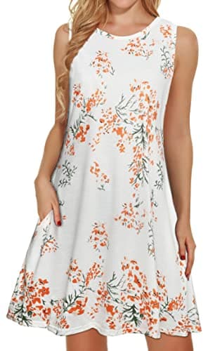 Summer Dresses for Women Beach Floral Tshirt Sundress Sleeveless Pockets Casual Loose Tank Dress(White Orange Floral,XL) - Image 1
