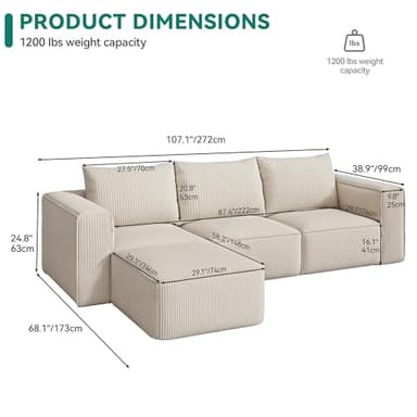 YITAHOME 107 Inch Cloud Sectional Couch with L-Shape Chaise, Modern Modular Sofa with Deep Seat and 3 Pillows, Corduroy Upholstered Couches for Living Room Bedroom, No Assembly Required, Milky White - Image 2