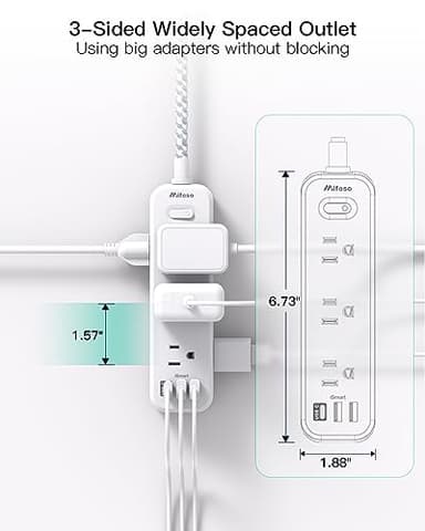 Mifaso Extension Cord, Surge Protector Power Strip, Extension Cord with 9 Outlets 3 USB Ports, Extension Cord with Multiple Outlets, 5FT USB Power Strip for Dorm Room Essentials, College, White - Image 6