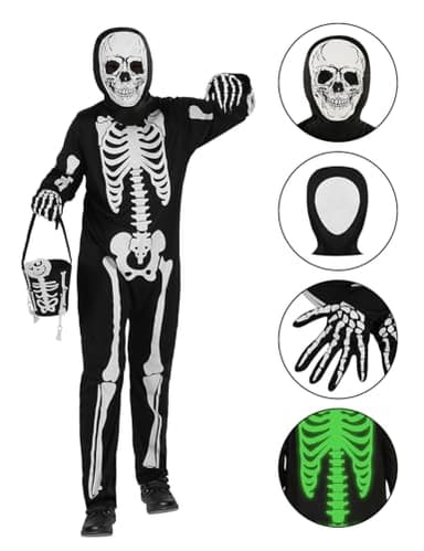 qqpouc Halloween skeleton costume kids,glow in the dark skeleton costume on both sides skuller candy bag for boys and grils - Image 3