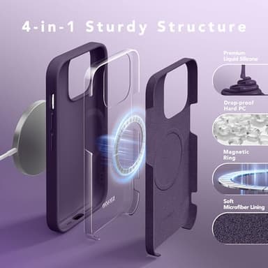 GONEZ for iPhone 14 Pro Case, Compatible with Magsafe, with Screen Protector + Camera Lens Protector, Soft Anti-Scratch Microfiber Lining, Shockproof Liquid Silicone Phone Cover, Deep Purple - Image 3