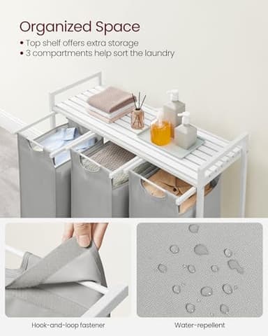 VASAGLE Laundry Hamper, Laundry Basket, Laundry Sorter with 3 Pull-Out and Removable Bags, Shelf, Metal Frame, 3 x 10.6 Gallons (40 L), 36.4 x 13 x 28.4 Inches, Dove Gray and Cloud White UBLH301W03 - Image 4