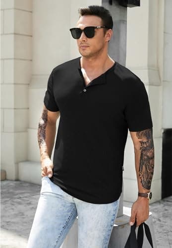 JMIERR Mens Muscle Slim Fit Button Henley Shirts Summer Crewneck Short Sleeve Longline Fitted T-Shirt Gym Workout Athletic Tees Shirt for Men, L, Black - Image 8