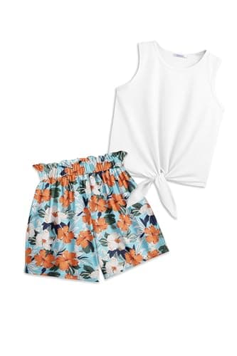 Arshiner Toddler Girls Short Sets Tie Knot Tank Top and Paperbag Waist Shorts Cute Girl Summer Clothing for 2-7 Years - Image 1