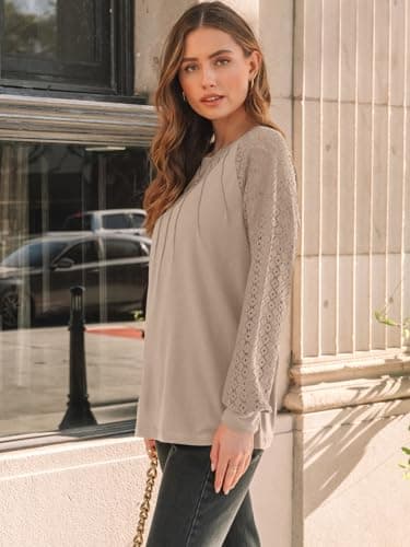 AUTOMET Womens Long Sleeve Shirts Lace Tops Business Casual Blouses 2025 Fall Fashion Teacher Outfits Trendy Clothes Knit T Y2k Ladies Dressy Work Professional Clothing Khaki L - Image 3