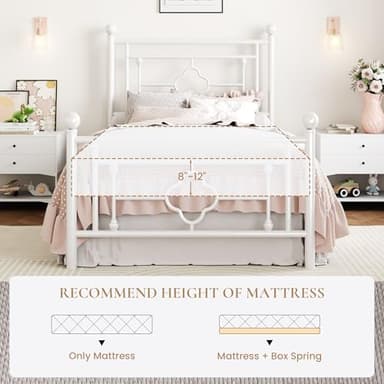 SHA CERLIN 14 Inches Twin Size Metal Platform Bed Frame/Vintage Iron-Art Headboard and Footboard/Mattress Foundation for Storage/No Box Spring Needed/Noise-Free/Easy Assembly/White - Image 7