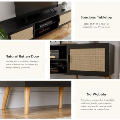 ZttRiee TV Stand for TVs up to 65'', Entertainment Center with Rattan Door, Shelves & 2 Cabinets, Boho Media TV Console for Living Room, Bedroom, Black - Image 4