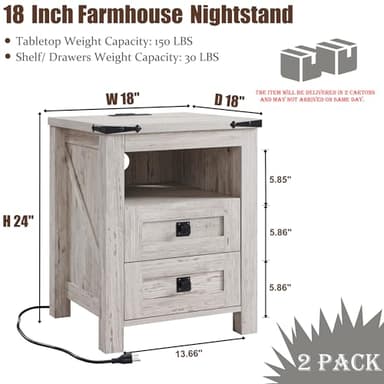 T4TREAM Farmhouse Nightstand Set of 2 with Charging Station, Rustic End Table with 2 Drawers, Storage Open Shelf for Bedroom, Living Room, Wood Side Table, Antique Brush White - Image 3
