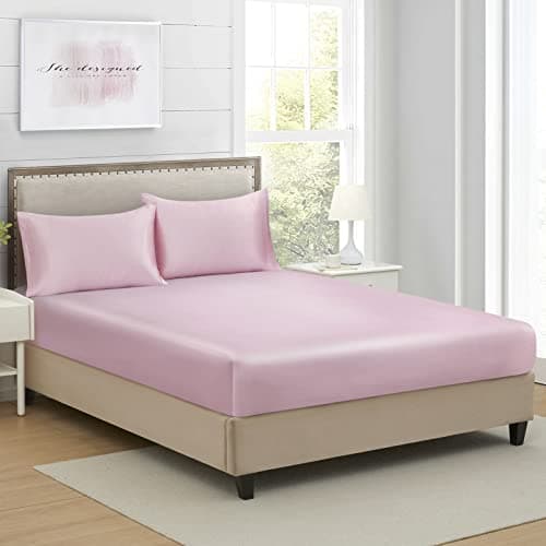 Queen Silk Satin Fitted Sheet, Soft Deep Pocket Single Bottom Bed Sheets Sold Separately, Wrinkle Free, Non- Fading, Breathable, Fully Elasticized(Queen Size, Pink) - Image 1