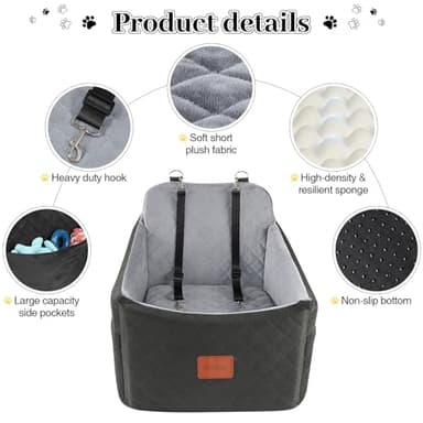 INDYBUD Dog Car Seat for Small Medium Dogs,Detachable Washable Dog Booster Seat Under 35lbs, Pet Car Seat Travel Bed with Storage Pockets and Safety Belt (Black/Grey, Medium) - Image 5