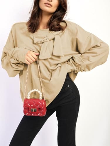 Cakulo 2025 Oversized Sweatshirts for Women Loose Fit Fall Fashion Crewneck Long Sleeve Casual Cute Bow Tunic Tops Khaki M - Image 5