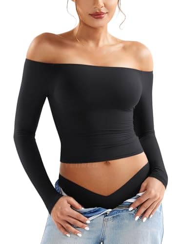YEOREO Sophie Women Off Shoulder Long Sleeve Shirts Double Lined Basic Undershirt Y2K Going Out Tops Black-S - Image 1