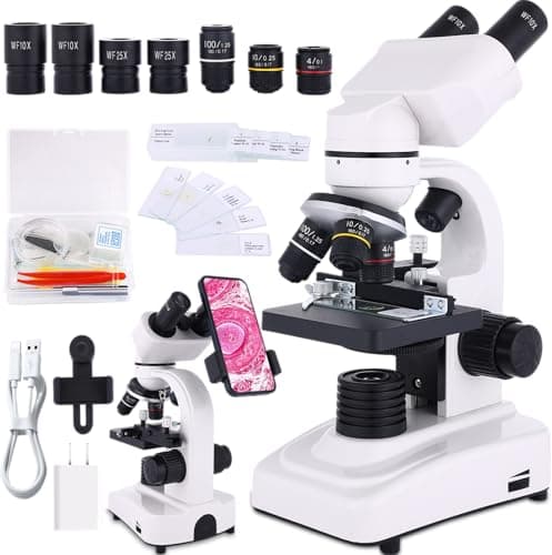 Microscope for Adults & Kids,40-2500X Binocular Microscope for Students, School Lab & Home Schooling,Equiped with Mechanical Stages,Slides Set & Phone Holder