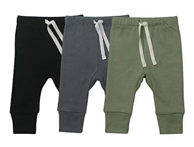 HonesBorn Baby Unisex 3-Pack Pants, Infant Boys Girls Cotton Tapered Ankle Pants(0-3 Months, Black/Slate Gray/Sage)