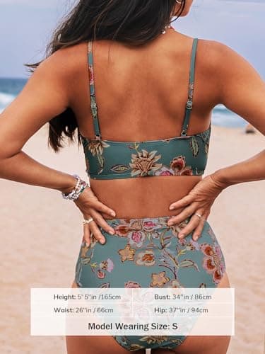 CUPSHE Bikini Sets for Women Two Piece Swimsuits High Waisted Twist Front Adjustable Spaghetti Straps V Neck Back,S Red Floral - Image 2