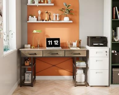 ODK Office Small Computer Desk: Home Table with Fabric Drawers & Storage Shelves, Modern Writing Desk, Grey Oak, 48"x16" - Image 4