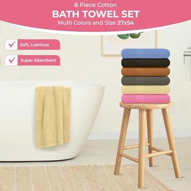 QUBA LINEN 100% Cotton Bath Towel Set – Soft, Absorbent Towels for Bathroom, Spa & Gym Use – Durable, Reusable & Machine Washable Bath Towels - Multi-Color, 27 x 54 Inches, Pack of 6 - Image 3