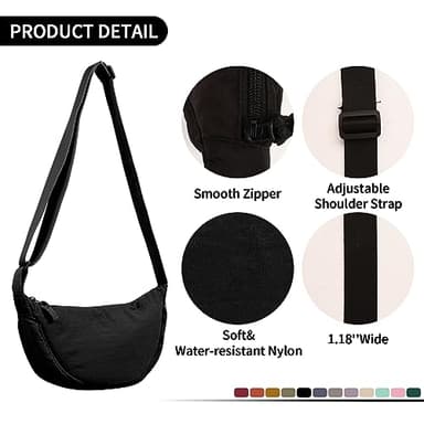 Nylon Crescent Crossbody Bag for Women Purses Trendy Men,Small Travel Sling Bag Hobo,Lightweight Fanny Pack with Zipper Adjustable Strap,Round Soft Shoulder Bag for Everyday Use Work Sport(Black) - Image 3