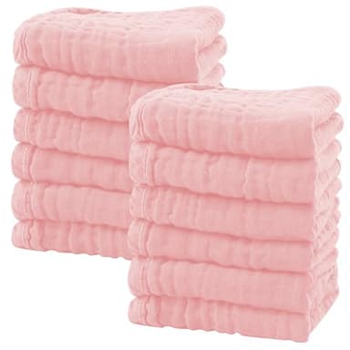 SWEET DOLPHIN 12 Pack Baby Muslin Washcloths - Soft Face Cloths for Newborn, Absorbent Bath Wash Cloths, Wipes, Burp Rag - Toddlers Essentials Stuff, Baby Registry as Shower -10"x10", Pink - Image 1