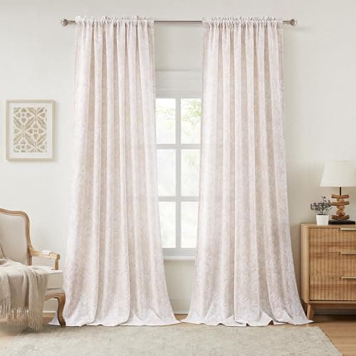 Cute Floral Velvet Curtains 102 Inches Long 2 Panels for Bedroom Rod Pocket Light Filtering Drapes Soft Chenille Textured Airy Modern Farmhouse Living Room Window Drapes Morandi Decor 52x102 Beige - Image 1