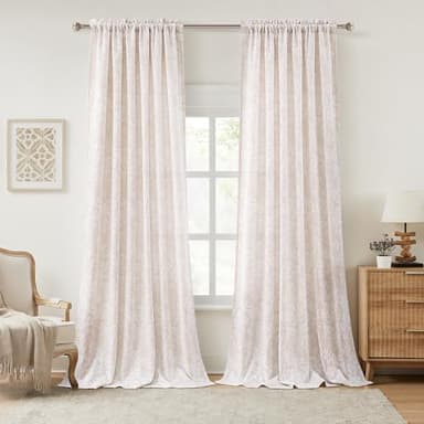 Cute Floral Velvet Curtains 102 Inches Long 2 Panels for Bedroom Rod Pocket Light Filtering Drapes Soft Chenille Textured Airy Modern Farmhouse Living Room Window Drapes Morandi Decor 52x102 Beige - Image 1