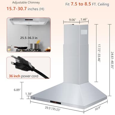 Range Hood 30 inch Wall Mount with 265 CFM,Ducted/Ductless Range Hood Stainless Steel with Touch Control 3 Speed Exhaust Fan, Adjustable Chimney & LED Light, Silver - Image 2