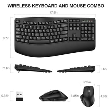Wireless Keyboard and Mouse Combo, 2.4G Full Size Wave Keys Ergonomic Keyboard with Wrist Rest and 3-Level DPI Adjustable Wireless Ergonomic Mouse for Windows, Mac OS Desktop/Laptop/PC(Black) - Image 8
