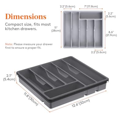Lifewit Silverware Organizer with Lid, Covered Utensil Tray for Kitchen Drawer and Countertop, Plastic Cutlery and Flatware Storage Box for Spoons Forks Knives Holder Case, 6 Compartments, Gray - Image 2