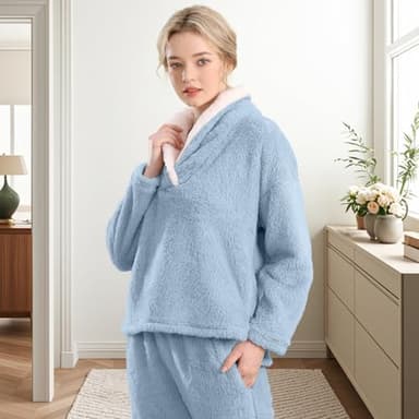 BOSECETA Fluffy Pajamas Set for Women Soft Comfy Fleece Pjs Pullover Pants Loose Plush Sleepwear Fuzzy Loungewear for Winter (Dark Blue,Small) - Image 6