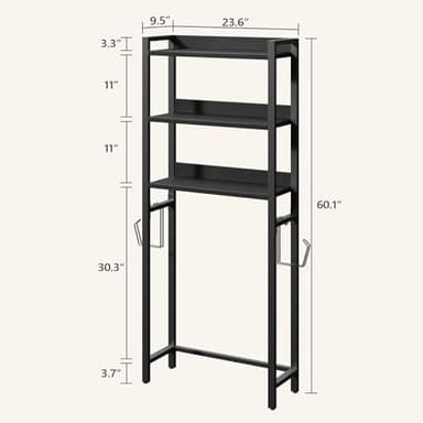 MAHANCRIS Over The Toilet Storage Rack, 3 Tier Bathroom Organizer Over Toilet, Freestanding Space Saver Toilet Stand with 2 Hooks, Bathroom Storage Shelf, Easy to Assemble, Black TSBK6001 - Image 2