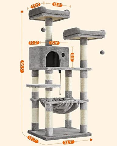 FEANDREA Cat Tree, Cat Tower for Indoor Cats, 56.3-Inch Cat Condo with Scratching Posts, Hammock, Plush Perch, Light Gray UPCT15W - Image 3