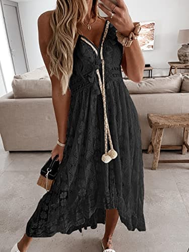 CUPSHE Women's Summer Dresses Sleeveless Lace Casual Tassel Beach Spaghetti Straps Flowy Maxi Sun Dress Black, L - Image 3