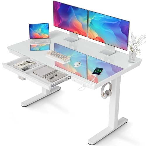 Claiks Glass Standing Desk with Drawers, 48×24 Inch Adjustable Stand Up Desk, Quick Install Home Office Computer Desk with USB Ports, White - Image 1