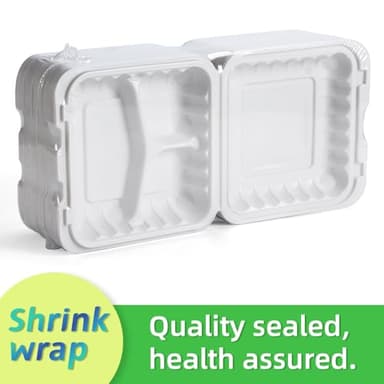 LEOBOX Takeout Container Mineral Filled PP Plastic - 55 Pack 8 Inch 34oz | Shrink Wrap BPA Free Food Container | Freezer & Microwave Safe for Food Delivery | White 3 Compartment Disposable Lunch Boxes - Image 2