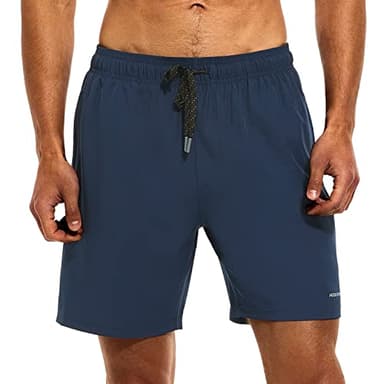 HODOSPORTS Mens Swimsuit Trunks 7" Quick-Dry Swim Shorts with Compression Liner and Zipper Pockets (Large,Navy) - Image 2