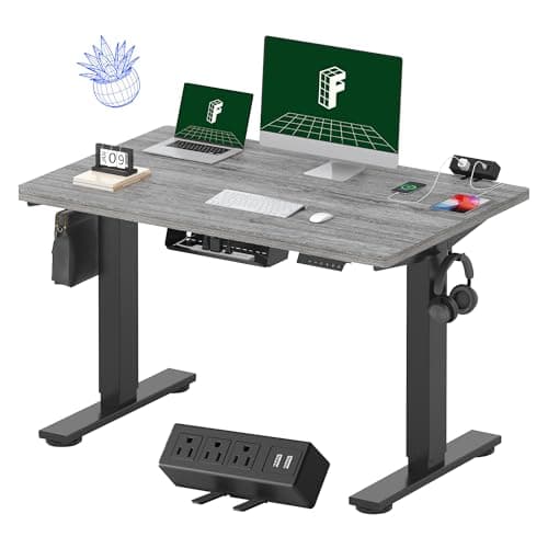FLEXISPOT EN2 Whole-Piece Standing Desk with Clamp Power Strip, 48 x 30 Electric Stand Up Height Adjustable Desk with Cable Management (Black Frame + 48" Gray Wood Grain Desktop, 2 Packages) - Image 1
