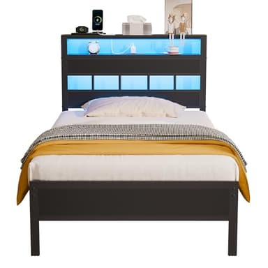 Furnulem Twin Bed Frames with Charging Station and LED Lights, Twin Size Platform Bed with Metal Slats, Wood Headboard with 2-Tier Storage Shelves, No Box Spring Needed, Black Oak - Image 9