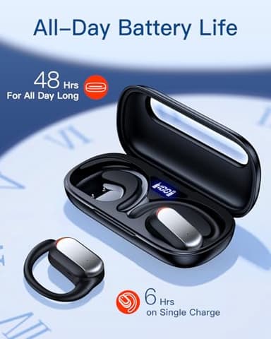 TAGRY Open Ear Headphones Wireless Earbuds, 48Hrs Playtime, Bluetooth 5.4 Ear Buds, Open Ear Bud with Earhook, Mic, Charging Case, IPX7 Waterproof Earphones for Sport Fitness Gym Running Black - Image 2