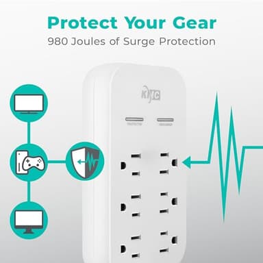 KMC 6-Outlet Extender USB-C PD Surge Protector Wall Tap, Multi-Plug USB Wall Charger, 2 USB-A Ports & USB-C 20W Power Delivery, High-Speed Phone Charger, 980J Surge Protection, UL/ETL Certified, White - Image 4
