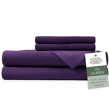 Hotel Sheets Direct 4 Piece Bed Sheet Set Queen Size, 100% Viscose Derived from Bamboo Sheets Set with 2 Pillowcases, Cooling & Breathable Luxury Bedding, Moisture-Wicking & Silky Soft Texture, Purple - Image 1